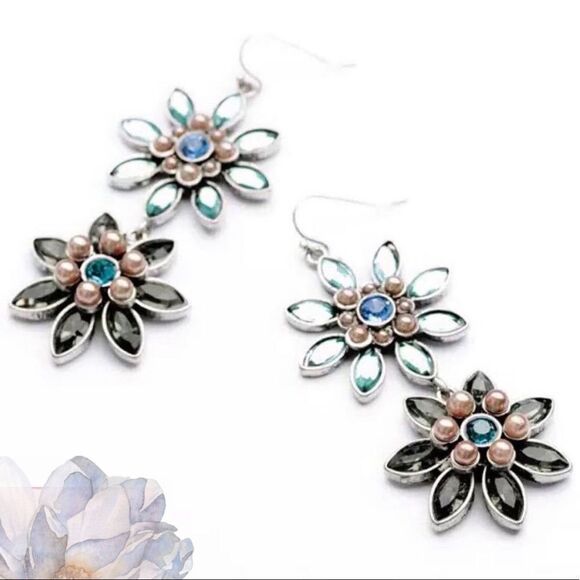 High-End Crystal and Sim Pearl Flower Drop Earrings Blue Tan Statement Unique - Picture 5 of 6